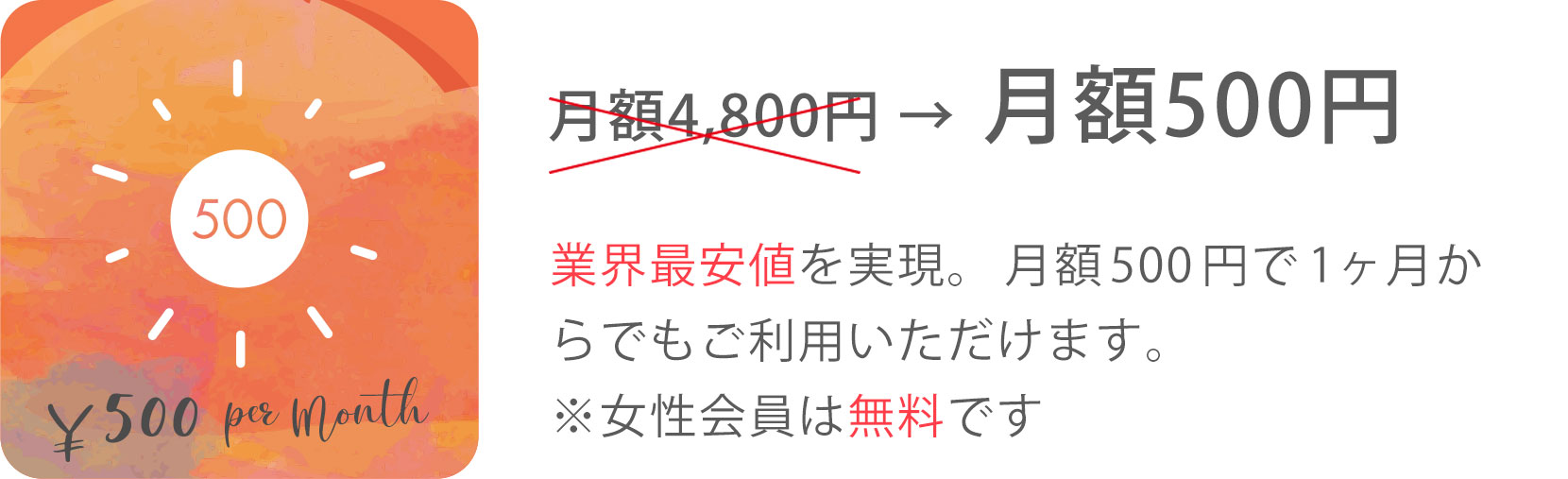 月額4,800円 → 月額500円 業界最安値を実現。月額500円で1ヶ月からでもご利用いただけます。※女性会員は無料です